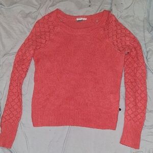 Roxy Coral Knit Crewneck Sweater with Lace-Pattern Sleeves